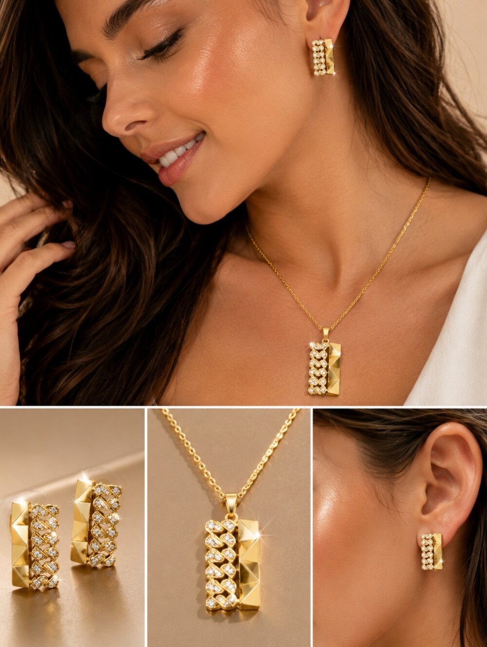 Fashion Designer-Inspired Jewelry Set 2-Piece Necklace  Earrings Laser Gold Tone